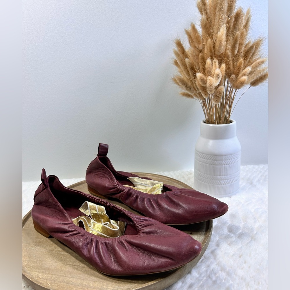 FREE PEOPLE Burgundy Leather Pointed Toe Shoe W/ Gold Criss-Cross Strap Sz 39